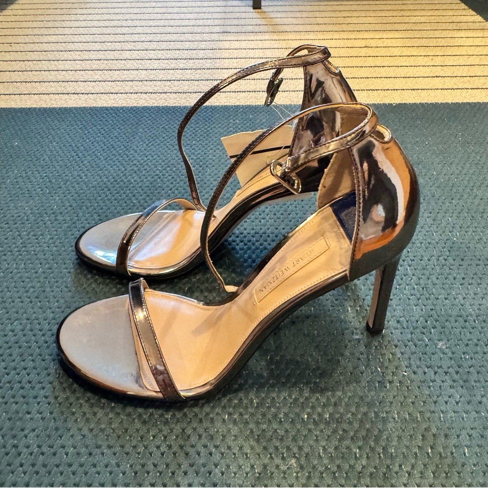 Stuart Weitzman Nudistsong Pewter Bronze Ankle Strap 4 Inch Sandal Heels 6 - Picture 11 of 11